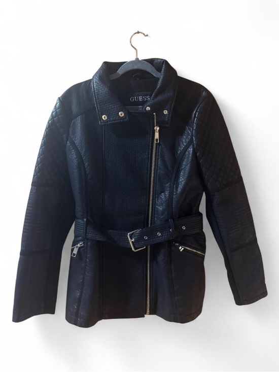Guess Jackets & Blazers - NWT GUESS Black Faux Leather Moto Jacket Belted Gold Zip Floral Lining Size L